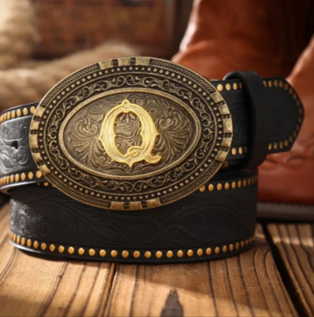 Western Tooled Belt w/ Gold Monogram Buckle | Cowboy Several Letters Available - Picture 16 of 16
